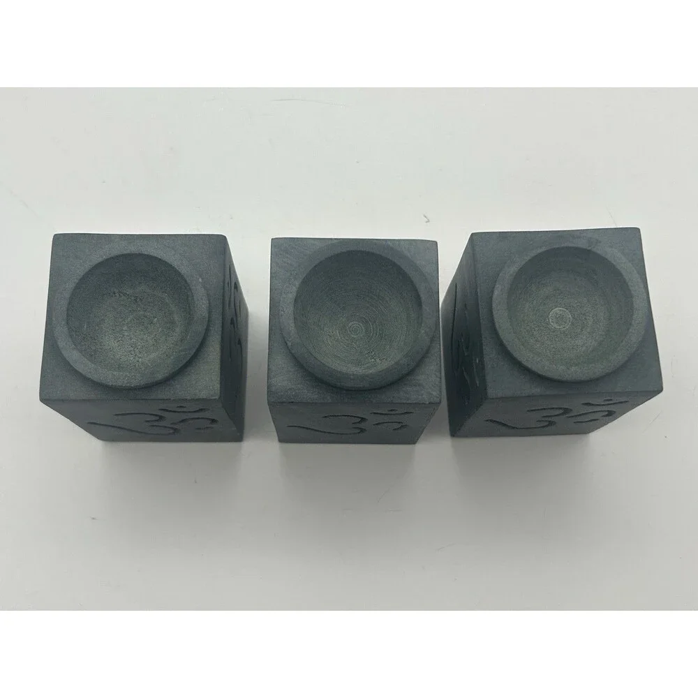 Set Of 3 -Soapstone Incense Oil Diffuser/candle  Hand Carved Ornate Green/Gray